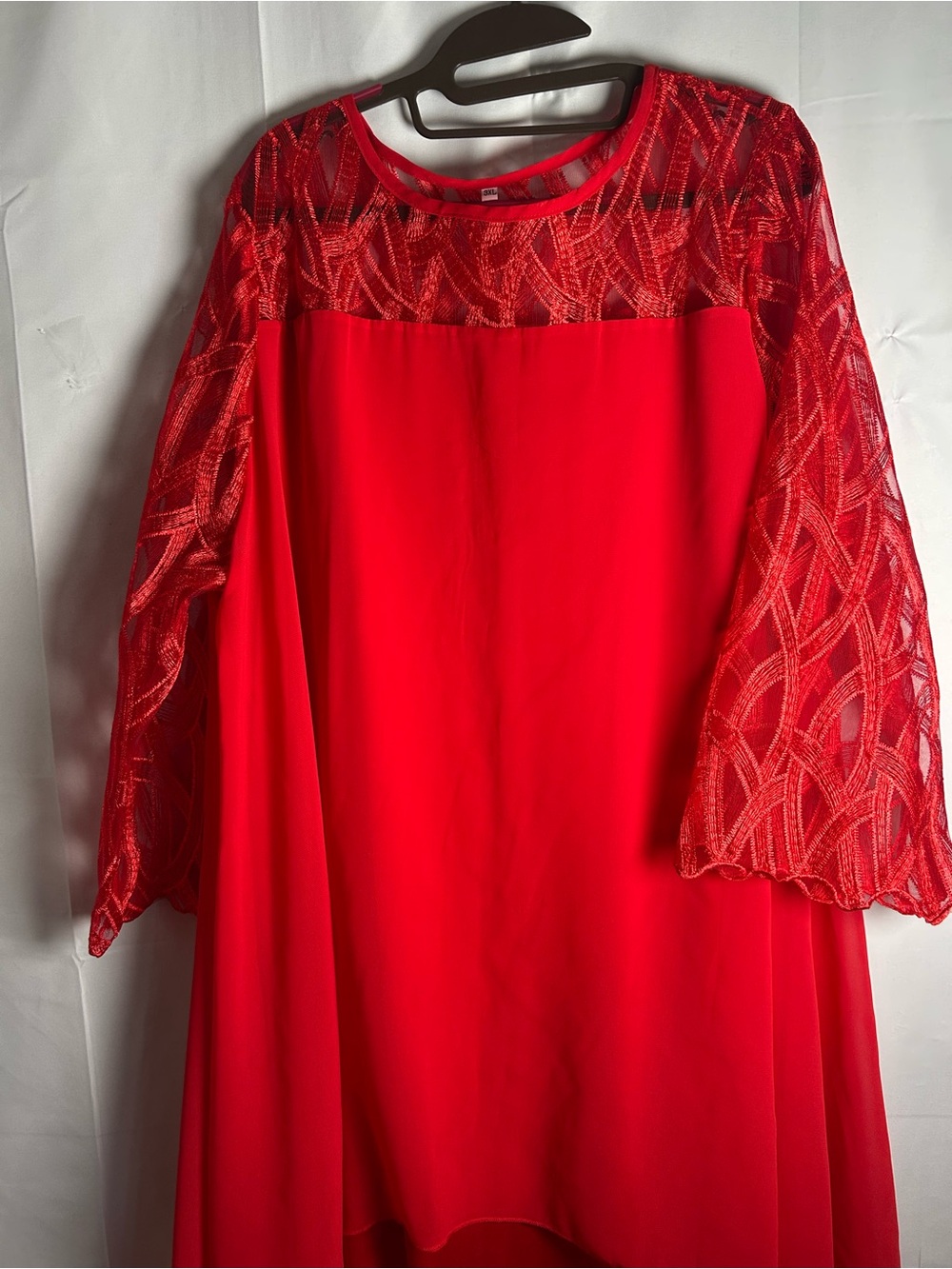 Red Midi Dress with Lace Yoke and Sleeves